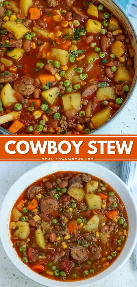 An easy homemade dinner idea in one pot! Full of ground beef, veggies, beans, and much more, this Texas Cowboy Stew is a bowl of hearty, flavorful comfort food. Crockpot option for this soup recipe included! Comfort Food Crockpot, Texas Cowboy Stew, Easy Homemade Dinner, Cowboy Stew, Texas Cowboy, Homemade Soup Recipe, Hearty Stews, Homemade Dinner, Chowder Recipes