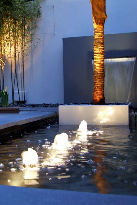 Pool Bubblers With Lights, Bubbler Fountains, Modern Waterfall, Water Feature Lighting, Outdoor Waterfall Fountain, Contemporary Stairs, Waterfall Fountain, Contemporary Exterior, Shutters Exterior