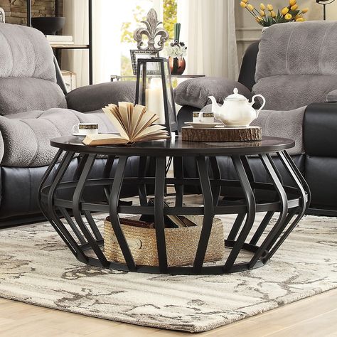 Devon Metal Frame Round Cage Slate Accent Coffee Table by iNSPIRE Q Classic (Coffee Table), Brown Boho Farmhouse Dining Room, Cage Coffee Table, Industrial Living Room Furniture, Accent Coffee Table, Slate Coffee Table, Classic Coffee Table, Farmhouse Dining Rooms Decor, Coffee Sofa, Classic Bed