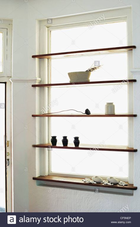 Ideas To Suit Your Pocket, Install Window Shelves: Shelves In ... Shelves Inside Window Frame, Window Frame Shelves, Framed Bathroom Window, Window With Shelves, Bathroom Window Shelf, Shelves In Window, Shelves Over Windows, Bed Small Space, Window Shelving