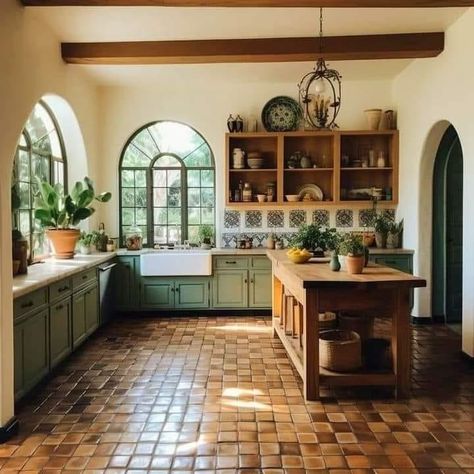 Green Mediterranean Kitchen, Italian Villa Aesthetic Kitchen, Green Spanish Tile Backsplash Kitchen, Modern Mexican Kitchen, Old Italian Kitchen Aesthetic, Kitchen Village, Mideterranean House Aesthetic, Mexican Home Design, Cottage Kitchen Inspiration