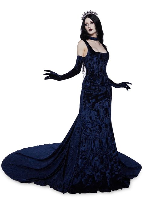 Gala Dresses Blue, Dark Academia Wedding Dress, Blue Fantasy Dress, Romantic Goth Dress, Morticia Costume, Tvd Outfits, Dark Academia Wedding, Starfall Ball, Drag Ideas