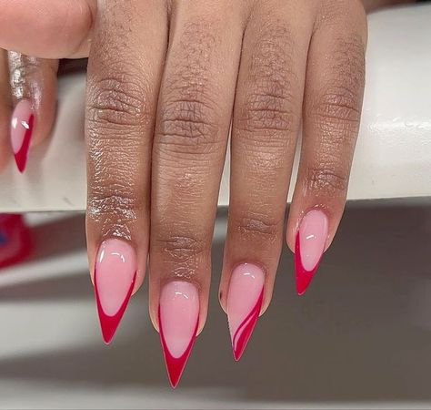 Red Stilleto Nails Design, Pink And Red Stiletto Nails, Stiletto Red Nails Design, Red Stilleto French Tip, Pink Nails With Red French Tip, Red French Tip Stiletto Nails, Almond Nails Red French Tip, Pink And Red French Nails, Red Oval Acrylic Nails