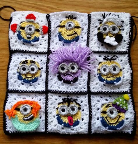 crochet minion pattern squares were made using a simple crochet minion square - embellishments and colors chosen by designer. see her site no pattern Minion Granny Square, Spongebob Granny Square, Crochet Solid Granny Square, Granny Square Ideas, Crocheting For Beginners, Crochet Minion, Minion Pattern, Solid Granny Square, Squares Design