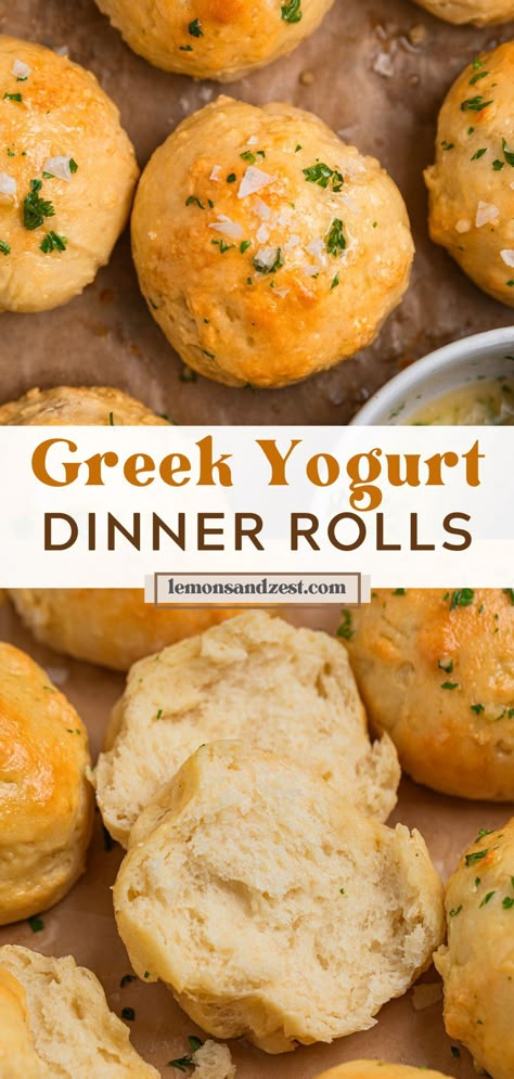 These golden brown, fluffy No Yeast Dinner Rolls are going to be a new household staple. Only 10 minutes to prep, a handful of ingredients and no kneading required! The secret ingredient is Greek yogurt and it gives these rolls the perfect fluffy texture with a boost of protein as well! Recipes With Rapid Rise Yeast, Yeast Free Dinner Recipes, Yogurt Dinner Rolls, Healthy Dinner Rolls Recipe, Greek Yogurt Rolls No Yeast, Oat Flour Rolls Gluten Free, Greek Yogurt Dinner Rolls, Greek Yogurt And Flour Bread, Two Ingredient Bread Greek Yogurt