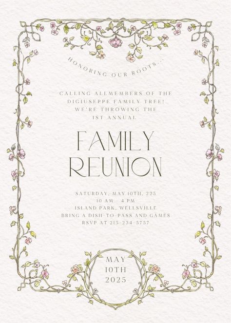 Elegant florals - family reunion invitation  #invitations #printable #diy #template #familyreunion #party Family Reunion Invitations Templates, Family Reunion Themes, Reunion Invitation, Family Reunion Invitations, Reunion Invitations, Butterfly Birthday Cards, Bridesmaid Thank You, Thanksgiving Invitation, Holiday Invitations