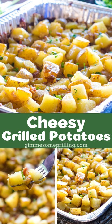 Cheesy Bacon Potatoes on the grill are so quick and easy! You mix everything right in the pan! #gimmesomegrilling #grilled #grilling #grillingrecipe #sidedish #potatoes #bacon #butter #grilledpotatoes Potatoes On The Grill, Easy Grill, Cheesy Bacon Potatoes, Potatoes With Bacon, Bacon Potatoes, Bacon Butter, Grilling Recipes Sides, Bacon Potato, Grilling Sides