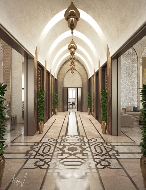 MODERN ANDALUSIAN MAJLIS IN DOHA, QATAR on Behance Arabic Ceiling Design, Interior Mosque, Modern Islamic Interior, Mosque Interior, Arabic Interior Design, Andalusian Architecture, Islamic Interior Design, Amazing Interior Design, Moroccan Restaurant