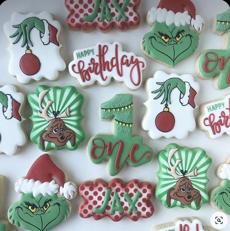 How The Grinch Stole Christmas First Birthday, Grinch Birthday Cookies Decorated, Grinch 1st Birthday Cookies, Grinch First Birthday Cookies, Christmas First Birthday Cookies, 1st Birthday Grinch Theme, The One Who Stole Christmas Birthday, Your A Mean One Mr Grinch 1st Birthday, Grinch Themed First Birthday Party