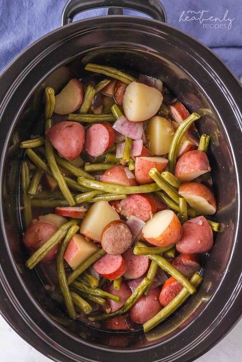 Crockpot Kielbasa, Green Beans, and Potato Meal Sausage Potato Green Beans Crockpot, Crockpot Green Beans Sausage Potatoes, Crockpot Meals With Green Beans, Sausage And Green Beans Crockpot, Green Bean Smoked Sausage And Potatoes Crockpot, Crockpot Kielbasa And Green Beans, Kielbasa Green Beans And Potatoes Crockpot, Sausage Green Bean Potato Casserole Crockpot, Crockpot Sausage Potatoes Green Beans