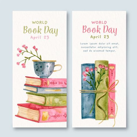 Watercolor world book day banners Free V... | Free Vector #Freepik #freevector #watercolor Creative Bookmarks Design Free Printable, Watercolor Book Painting, Watercolor Books Painting, Book Mark Designs, Books Watercolor, Books Drawing, Book Drawings, Book Watercolor, Book Painting