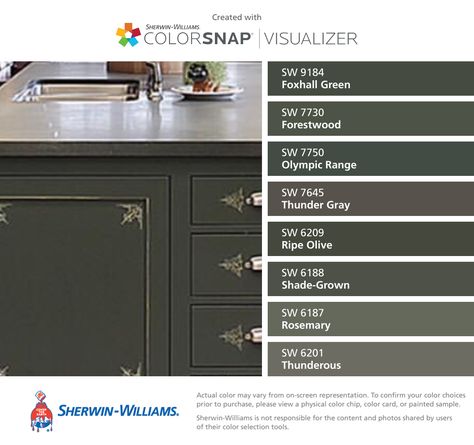 Olympic Range Sherwin Williams, Forestwood Sw, Foxhall Green, Rosemary Sw, Farmhouse Paint Colors, Farmhouse Paint, House Paint, House Paint Exterior, Exterior Paint Colors