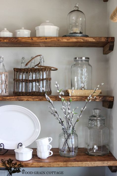 Styled Dining Room Shelving - The Wood Grain Cottage Dining Room Open Shelving, Dining Room Shelving, Dining Room Shelves, Laundry Room Shelves, Open Dining Room, Room Shelves, Kitchen Shelves, Wooden Shelves, Wood Shelves