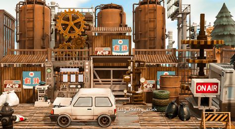 Industrial Animal Crossing, Animal Crossing Industrial, Acnh Mechanic Shop, Steampunk Animal Crossing, Acnh Factory, Acnh Parking Lot, Acnh Steampunk, Acnh Trashcore, Acnh Industrial