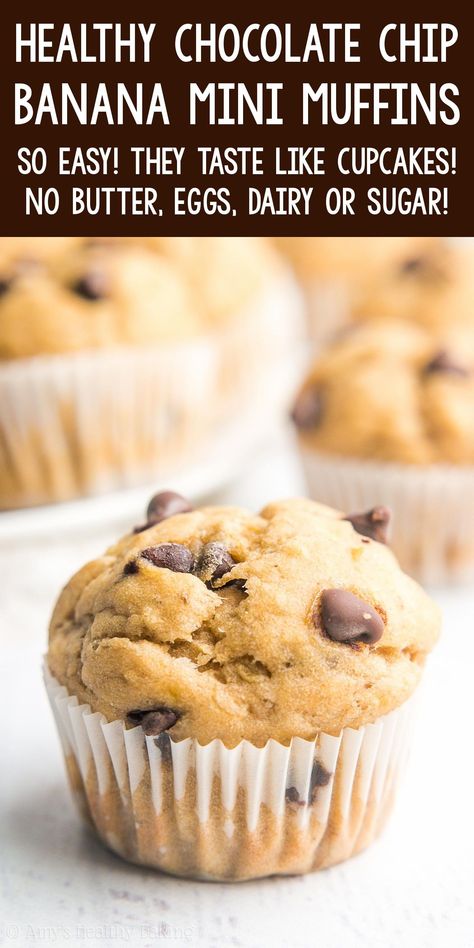 Healthy Chocolate Chip Banana Mini Muffins – SO easy & good! These taste like you're eating CUPCAKES for breakfast! ♡ low calorie no sugar banana muffins recipe. best chocolate chip banana mini muffins. easy moist vegan banana muffins no eggs. dairy free sugar free ww banana muffins. Ww Banana Muffins, Mini Muffins Easy, No Sugar Banana Muffins, Low Calorie Banana Muffins, Muffins No Eggs, Banana Muffins No Sugar, Banana Mini Muffins, Banana Chocolate Chip Muffins Healthy, Sugar Free Banana Muffins