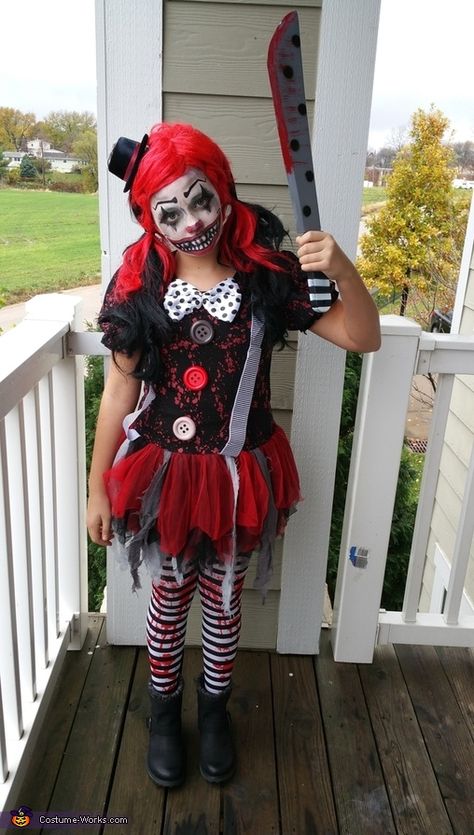 Killer Clown Costume Girls Scary Clown Costume Diy, Killer Clown Halloween Costume, Diy Creepy Clown Costume, Scary Costumes For Girls, Killer Clown Costume Women, Scary Clown Costume Ideas, Killer Clown Makeup, Halloween Costume Teenage Girl, Killer Clown Costume