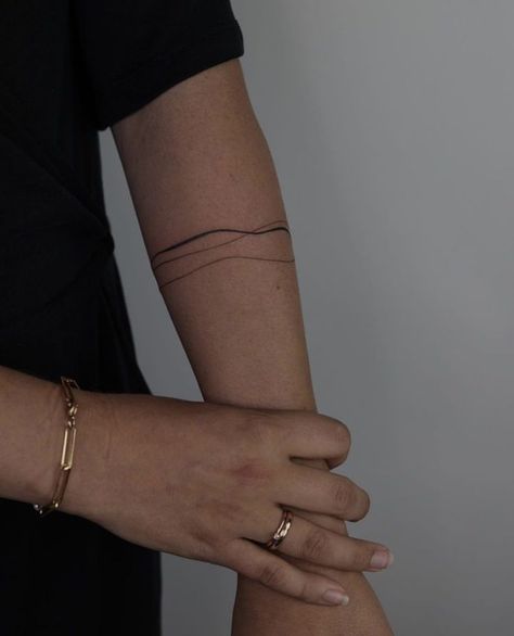 Messy Line Tattoo, Fine Word Tattoo, Abstract Arm Band Tattoo, Minimalist Abstract Tattoo, Lines Around Arm Tattoo, Three Lines Tattoo, Abstract Tattoo Designs Minimalist, Male Wrist Tattoos, Bicep Band Tattoo