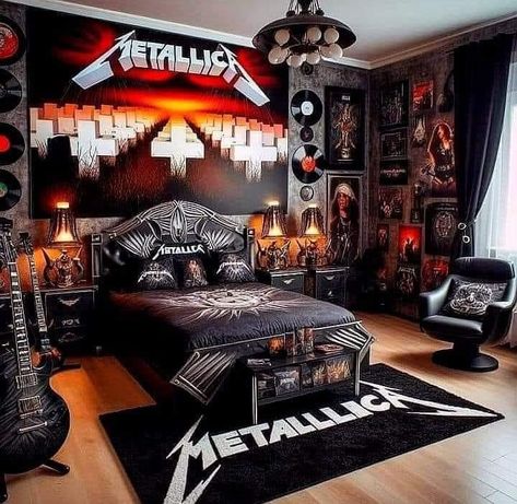 Metalhead Room, Punk Room, Music Themed Bedroom, Grunge Bedroom, Music Room Design, Room Wishlist, Mens Bedroom Decor, Cool Room Decor, Grunge Room