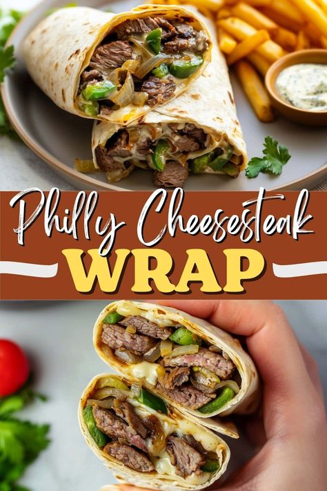 This Philly cheesesteak wrap turns the classic sandwich into a portable lunch! It's packed with tender beef, melty provolone, peppers, and onions. Philly Cheese Steak Wraps Recipe, Philly Cheese Steak Burrito, Easy Wrap Ideas, Philly Wrap, Beef Wraps Recipes, Wrap Recipes Healthy, Philly Cheesesteak Wraps, Wrap Ideas For Lunch, Philly Cheese Steak Wraps