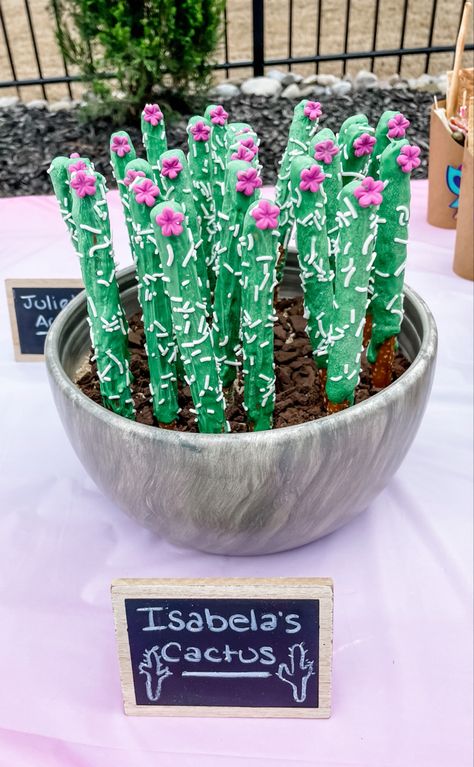 Cactus Fruit Tray, Cactus Chocolate Covered Pretzels, Cactus Pretzel Sticks, One Prickly Pair Birthday Theme Twins, Nacho Party, Chocolate Melts, Chocolate Dipped Treats, Rodeo Birthday Parties, Mini Cups