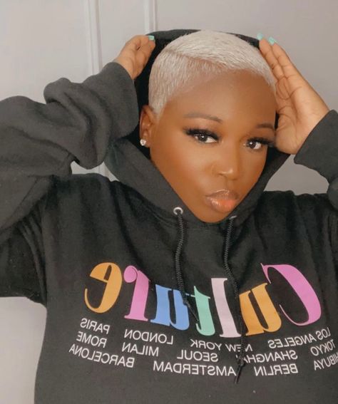 Ash Blonde Twa, Platinum Blonde Short Hair Black Women, Black Women Shaved Hairstyles, Platinum Blonde Pixie Black Women, Short Platinum Blonde Hair Black Women, Brush Cut For Black Women, Bald Fade Women Black, Low Cut Hairstyles, Short Bleached Hair