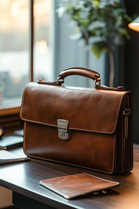 Elevate your work game with a stylish men's leather briefcase for business travel. Discover elegance! #LeatherGoods #BusinessAttire Men Messenger Bag, Leather Studio, Handmade Leather Bags, Executive Fashion, Luxury Leather Bag, Leather Briefcase Men, Leather Suspenders, Backpack Women, Briefcase For Men