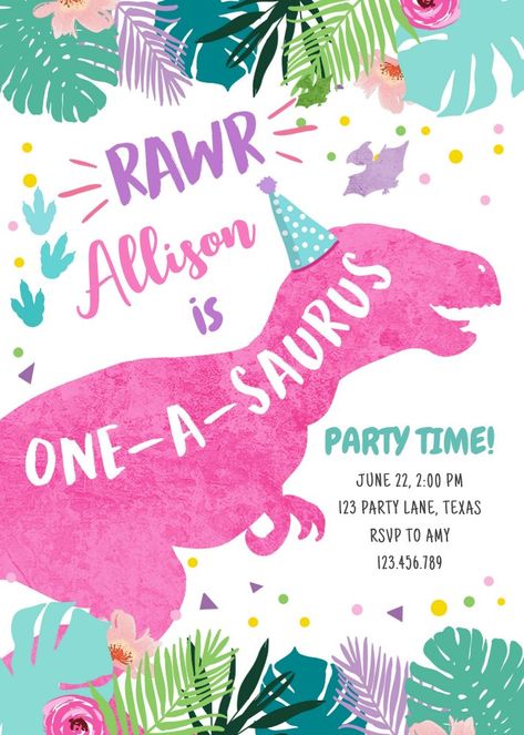 One-A-Saurus Pink Dinosaur Girl 1st First Birthday Invitation Pink Dinosaur Party, First Birthday Pink, Third Birthday Invitations, Dinosaur Invitations, Dinosaur Birthday Invitations, Dinosaur First Birthday, Third Birthday Party, Pink Dinosaur, 2nd Birthday Invitations