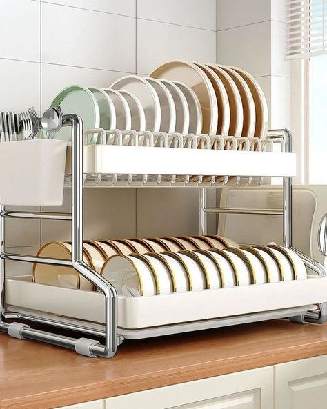 🛍️Link in my bio👆🏼 💗Multi-Purpose 2-Tier Dish Drying Rack for Kitchen Countertop F2-Tier Large Capacity: With a convenient 2-tier design and size of 42*24.5*30cm, the kitchen counter dish drying rack allows you to store different types and sizes of kitchen utensils, such only bowls, dishes, knives. This 2-tier dish drainer is perfect for families of 3-4 people. Rust-Proof Material: The kitchen dish drainer is made of premium stainless steel, durable enough for long-term use and will not rust... Kitchen Dish Drainers, Dish Drying Rack, Dish Drainers, Serene Bedroom, Dish Rack Drying, Kitchen Dishes, 4 People, Elegant Home Decor, Kitchen Countertop