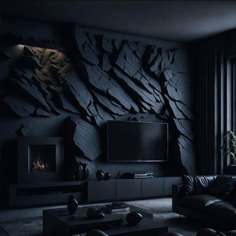 Dark House Interior, Mob Aesthetic, Black Luxury House, Masculine Office Decor, Tv Showcase, Black Lover, Stone Wall Design, Aesthetic Architecture, Bathroom Design Layout