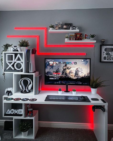 30 Best Gaming Desk Setup Ideas You Should Check Small Game Room Ideas, Small Gaming Room Ideas, Cool Gaming Rooms, Gaming Setup Bedroom, Small Room Setup, Game Room Ideas, Games Room Inspiration, Gaming Bedroom, Small Game Rooms