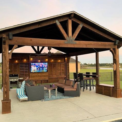 wooden outdoor terrace with sofa and tv - Home Decorating Trends - Homedit Oklahoma Sunset, Outdoor Pavillion, Outdoor Patio Designs, Outdoor Pavilion, Backyard Gazebo, Backyard Pavilion, Backyard Kitchen, Outdoor Kitchen Patio, Backyard Remodel