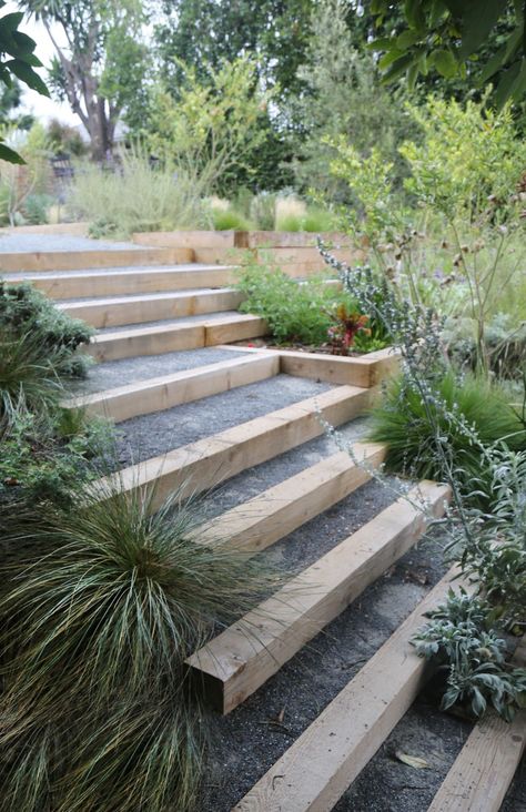 Outdoor Steps Landscaping, Steps In Garden Ideas, Outdoor Garden Steps Ideas, Landscaping Around Stairs, Sloping Gardens Hillside Landscaping, Garden On The Slope, Step Down Garden Ideas, Retaining Wall And Stairs, Stairs Landscape Design