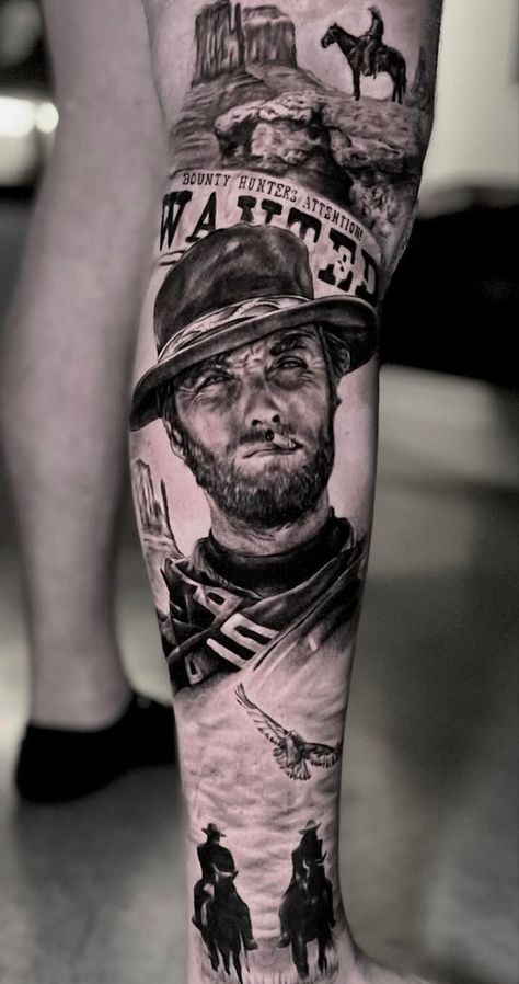 Westerns Tattoos, Cowboy Tattoos Sleeve, American Sleeve Tattoo, Cowboy Leg Sleeve Tattoo, Western Sleeve Tattoos For Guys, Old Time Tattoos, Cowboy Style Tattoo, Mens Western Sleeve Tattoo Ideas, Mens Above The Knee Tattoo