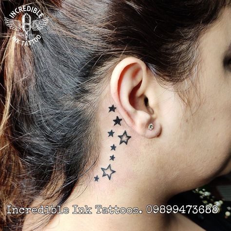 Tattoos Of Stars For Women, Stars On Neck Tattoo For Women, Neck Star Tattoos Women, Star Neck Tattoos For Women, Behind The Ear Star Tattoo Ideas, Behind The Ear Star Tattoo, Stars On Neck Tattoo, Tattoos Behind Neck, Stars Tattoo Behind Ear