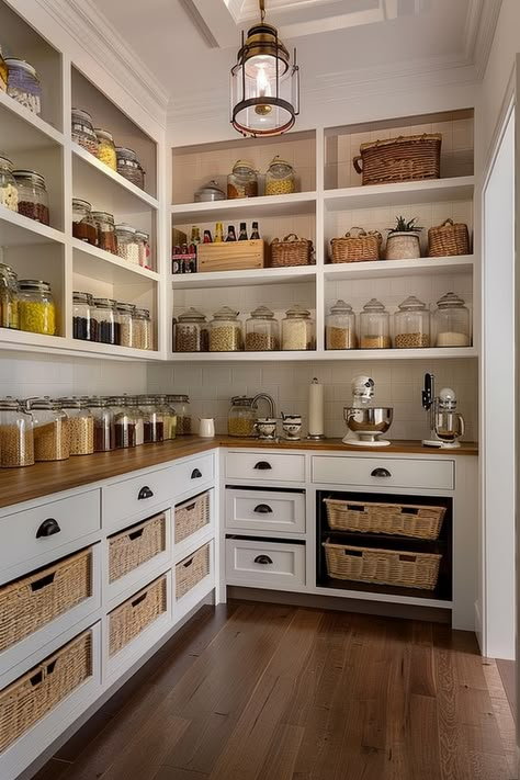 Organize in Style: Farmhouse Kitchen Pantry Ideas - Quiet Minimal Pantry With Kitchen Cabinets, Butlers Pantry Food Storage, Traditional Pantry, Pantry With Built Ins, Custom Pantry Ideas Cabinets, Kitchen Pantry With Cabinets, Storage Ideas For Kitchens, Glass Jars Pantry, Pantry Farmhouse Style