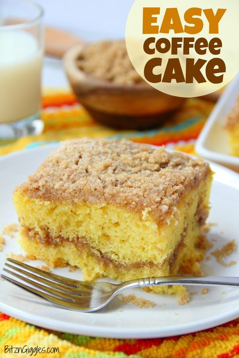 Easy Coffee Cake - A delicious and easy coffee cake made with a doctored-up yellow cake mix and filled and topped with crumbly, buttery cinnamon streusel! #bitzngiggles #coffeecake #cake #coffee #streusel #cinnamon #crumbcake #crumb #breakfastcake #breakfast #brunch #cinnamon #recipe Coffee Cake With Yellow Cake, Cake Mix Coffee Cake, Easy Coffee Cake, Cinnamon Cake Recipes, Cinnamon Recipe, Yellow Cake Mix Recipes, Cinnamon Streusel Coffee Cake, Cake Yellow, Coffee Cake Recipes Easy