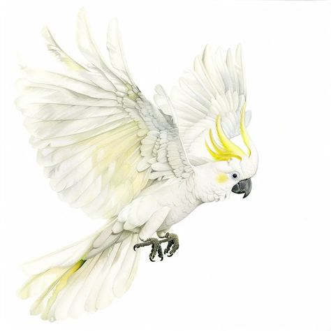 The image contains a white cockatoo with a yellow crest. It is flying with its wings spread wide. The feathers on its wings are white and fluffy. The bird's beak is black and its feet are gray. The background is white. White Cockatoo, Bird Beaks, Feathers, Art Images, White Background, Birds, Yellow, White, Black