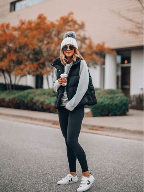 DECEMBER TOP 10 | Cella Jane Friday Wear, Puffer Vest Outfit, Vest Outfits For Women, Leggings Outfit Winter, Leather Leggings Outfit, Black Leggings Outfit, Winter Outfits Cold, Legging Outfits, Mode Casual