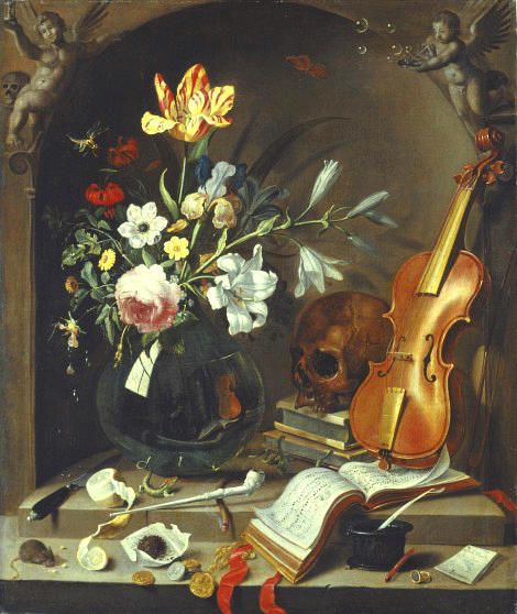 Jacob Marrell 1613-1681. Vanité (1637).  Love that this is a self portrait, Jacob is reflected in the glass vase.  Giving me ideas for still life set up, like the cherubs in the corners Vanitas Paintings, Vanitas Vanitatum, Danse Macabre, Dutch Golden Age, Still Life Flowers, National Portrait Gallery, A Level Art, Still Life Art, Memento Mori