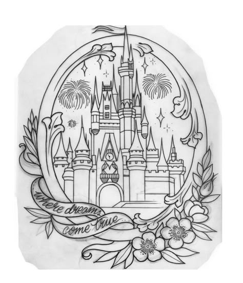 Walt Disney World Tattoo Ideas, Disney Castle Line Art, Disney Parks Tattoo Ideas, Disneyworld Castle Tattoo, Disney World Castle Drawing, Disney World Castle Tattoo, Disney Castle Sketch, Cinderella Castle Tattoo, Disney Castle Drawing