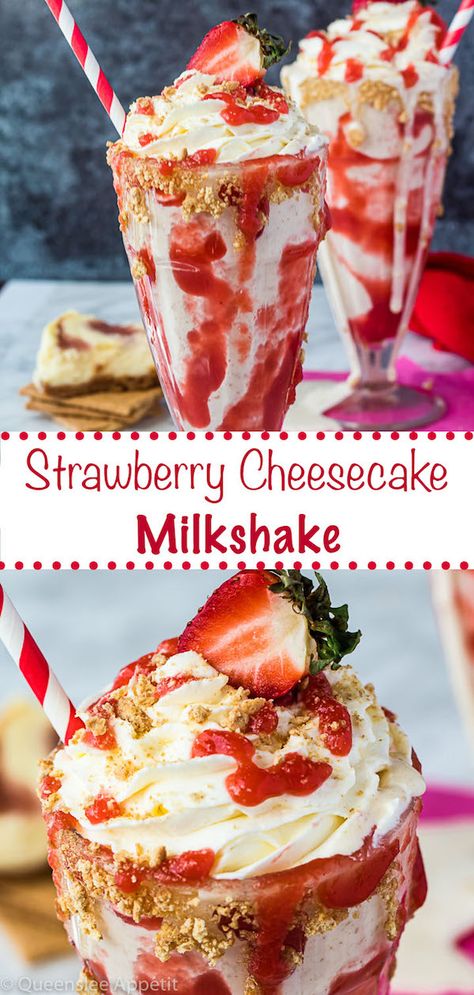 Strawberry Cheesecake Milkshake ~ Recipe | Queenslee Appétit Strawberry Cheesecake Milkshake, Cheesecake Milkshake, Milkshake Recipe Easy, Homemade Milkshake, Savory Cakes, Biscuits Graham, Milkshake Recipe, Milkshake Recipes, Milk Shakes