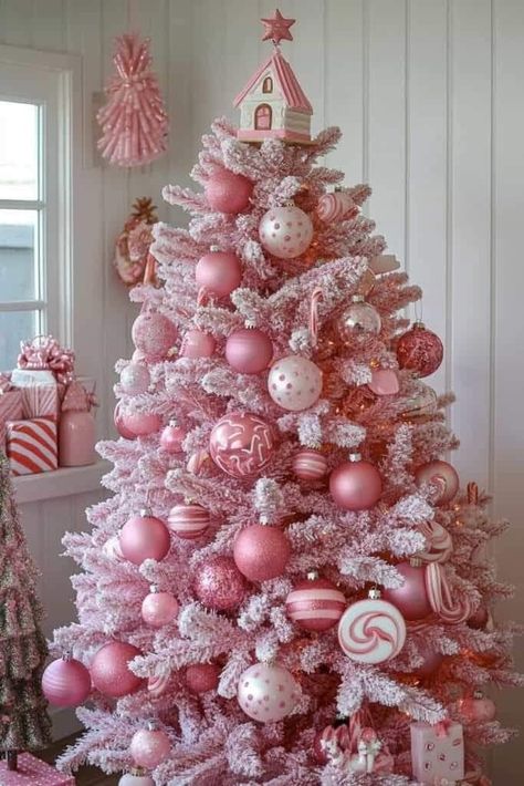 Pink Candy Christmas Tree, Pink Xmas Tree, Pink Christmas Tree Decorations, Candyland Christmas Tree, Blue Christmas Tree Decorations, Vintage Pink Christmas, Pink Obsession, A Pink Christmas, Candy Christmas Tree