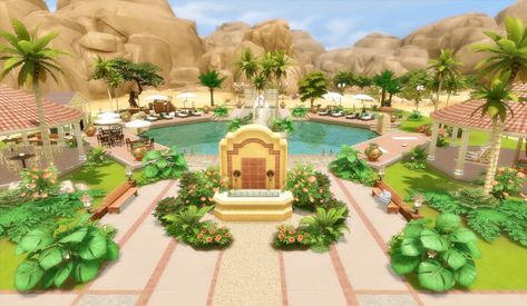 Oasis Springs Park - The Sims 4 - Via Sims Oasis Springs Park Sims 4, Sims 4 Park Ideas Layout, Sims 4 Oasis Springs Park, Sims 4 Park Builds, Sims 4 Park Layout, Sims 4 Park Ideas, Sims 4 Oasis Springs House, Modern House Backyard, Sims 4 Park