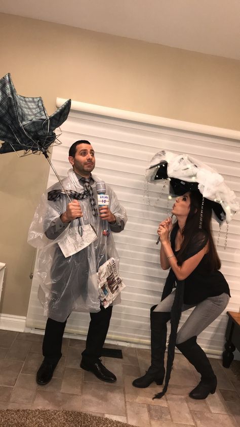 Clever couple’s costume, weather man and storm. #couples #couplescostumes #funny #clevercostumes #weatherman #storm Weather Man Costume, Thunderstorm Costume, Diy Karneval, Storm Costume, Cloud Costume, Clever Costumes, Let’s Make A Deal, Dress Up Boxes, Fall Festivities