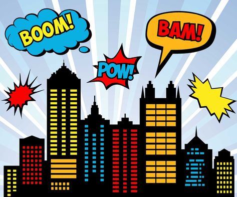 Batman Party Favors, Superhero City, Skyline Landscape, Superhero Clipart, Godzilla Birthday, Spiderman Party, City Cartoon, City Silhouette, City Background