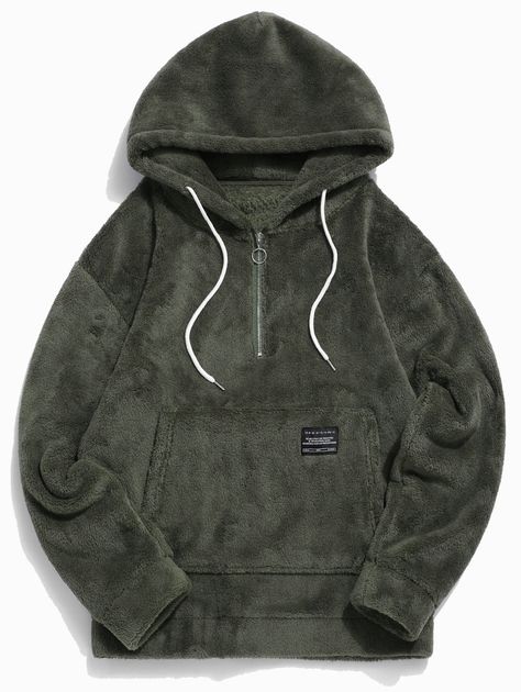 Applique Solid Color Faux Fur Half Zipper Drawstring Hoodie  ARMY GREEN WARM WHITE , #SPONSORED, #Faux, #Fur, #Zipper, #Applique, #Solid #Ad Fluffy Hoodie, Fem Style, Hoodies Style, Fuzzy Hoodie, Cheap Sweatshirts, Casual Cargo Pants, Latest Mens Fashion, Hooded Shirt, Long Sleeve Plaid