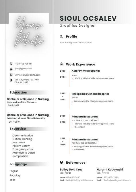 Fyi This is just a resume idea most of these are not real information about me.  Anyways you can use this as an idea if you want a design for your resume. Bachelor Of Science In Nursing, Hospital Nurse, Bachelor Of Science, Background Information, Part Time Jobs, Resume Examples, General Hospital, Work Experience, A Design