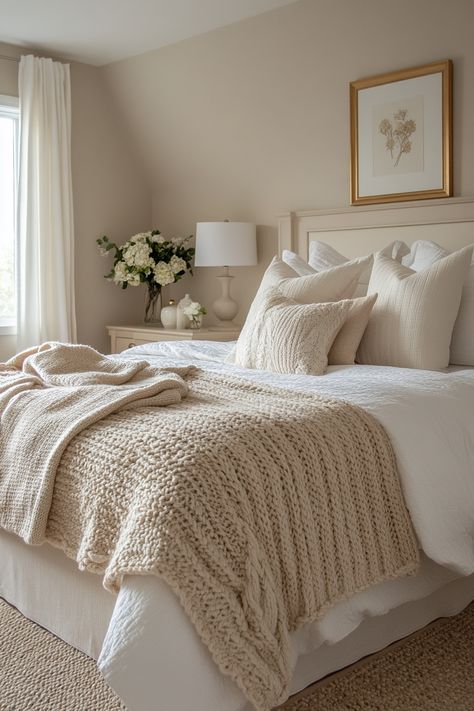 Create a modern, luxurious bedroom with 27 cream and gold bedroom ideas. Explore soft cream walls, gold accent furniture, and elegant metallic decor. Discover tufted cream headboards, gold-framed mirrors, and ornate chandeliers. Find inspiration for cream bedding with gold embroidery, gilded picture frames, and plush cream carpets to design a sophisticated and inviting bedroom retreat. Cozy White And Gold Bedroom, Small Cream Bedroom, Bedroom With Cream Furniture, White And Gold Guest Bedroom, Tan And Beige Bedroom, Creamy Bedroom Walls, Beige And Cream Bedroom Ideas, Tan And Gold Bedroom, Cream Duvet Bedding Ideas