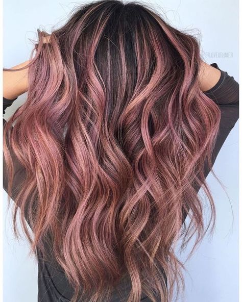 Rose Gold Brunette Hair Balayage, Pink Bayalage Hair Brunette, Strawberry Champagne Hair, Pink Baylage Hair Brunettes, Rose Highlights Brunette, Pink On Dark Hair, Rose Brown Balayage, Chocolate Rose Gold Hair, Pink Balayage Brunette