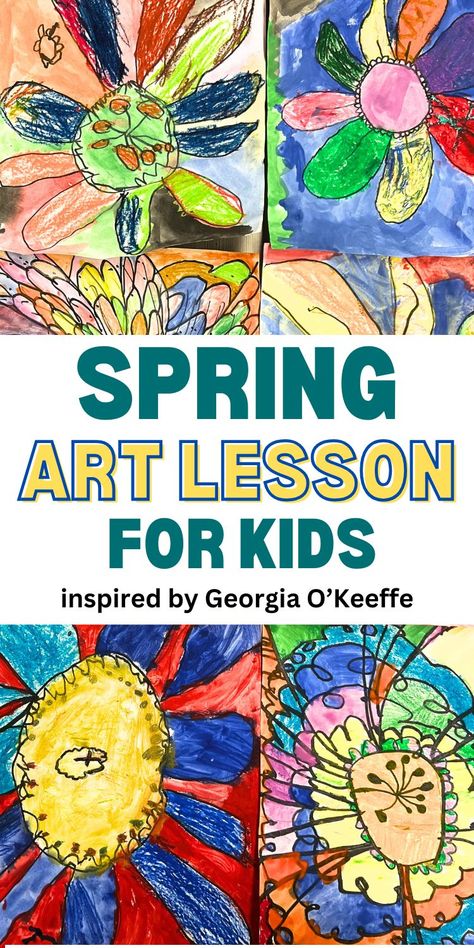 These cool paintings were done by 1st graders in art class. Get inspired by Georgia O'Keeffe and create a fun flower art idea. Follow us for more creative art for kids! Creative Art For Kids, Elementary Art Education, Easy Spring Crafts, Spring Arts And Crafts, Art History Lessons, Spring Art Projects, Art Lessons For Kids, Georgia O Keeffe, O Keeffe